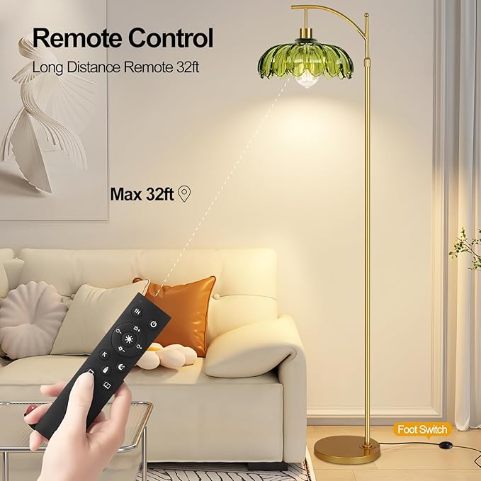 Gold Floor Lamps for Living Room Vintage Green Floor Lamp with Remote Control & Glass Lampshape,Dimmable Mid Century Modern Standing Lamp Tall Flower Lamp Brass Floor lamp for Bedroom Corner