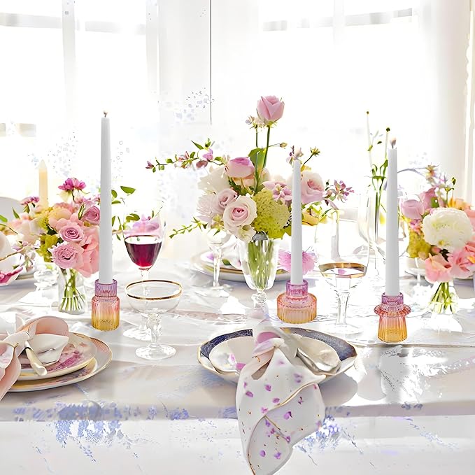 Double Sided Vintage Ribbed Taper Glass Candle Holders,Tea Candle Holder for Table Centerpieces, Wedding Decorations and Dinner Parties (Purple-Pink-Yellow, 6 PCS)