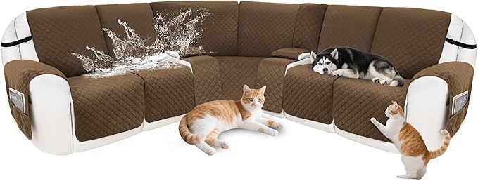 Recliner Sofa Covers 100% Waterproof Velvet L Shape Recliner Couch Covers for Dogs Pets Washable Anti Slip Recliner Slipcovers with Pockets (5 Seat Sofa with 2 Console, Brown)