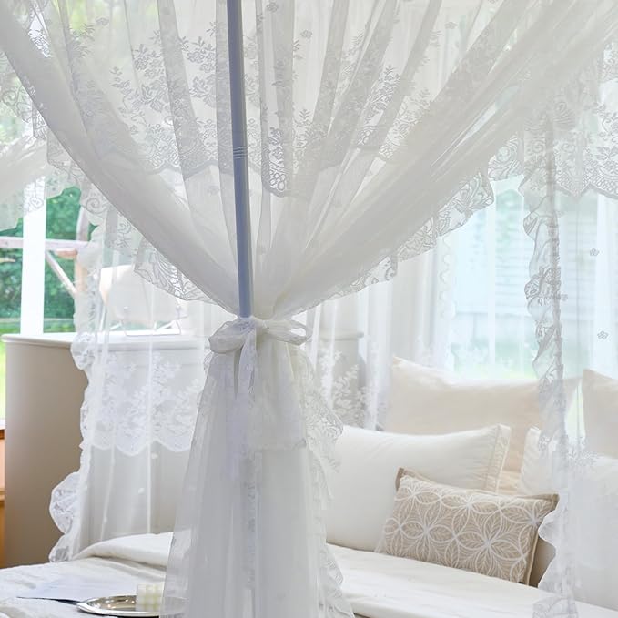 AIKASY Elegant Lace Princess 4-Poster Bed Canopy Mosquito Net - Romantic Wedding Bridal Bedroom Decor, Kids Room Bed Curtain for Women Adults - (White1,Queen)