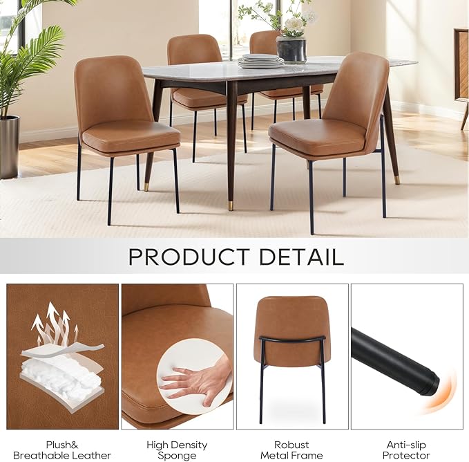 COLAMY Dining Chairs Set of 4, Modern Dining Chair, Leather Upholstered Dining Chairs, Kitchen Chairs with Curved Back and Metal Legs for Dining Room Kitchen Restaurant, Brown