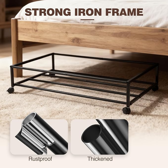 Under Bed Storage with Wheels, 2 Pack Under bed Storage Containers, XXL 60L Rolling Under Bed Drawers on wheels for Clothes, Shoes, Blankets in Bedroom, Dorm, Black