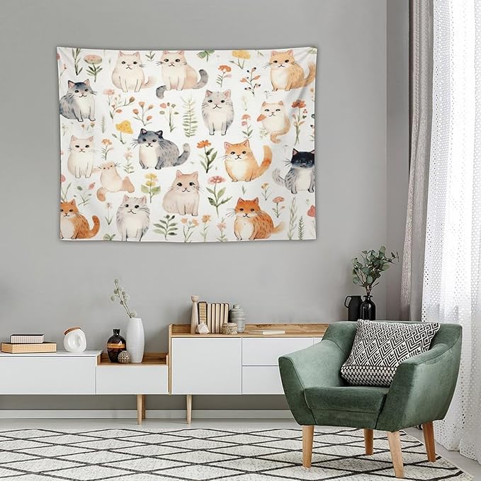 VUMIVI Cute Cat Tapestry Cartoon Pets Flowers Mushrooms Butterflies Watercolor Illustrations Tapestry Wall Hanging for Living Room Bedroom Dorm Classroom Aesthetic Decor W40xL30in