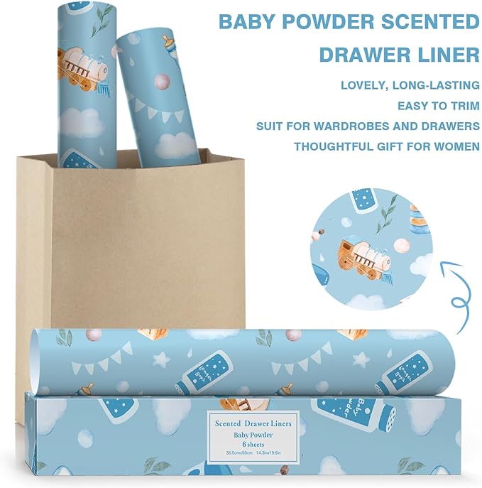 SCENTORINI Baby Powder Scented Drawer Liners, 6 Sheets Fragrant Paper Liners Non-Adhesive Paper Sheets for Home Closet, Dresser Drawers, for Home Fragrance