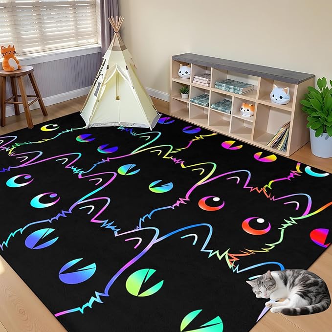 Black Cat Rug 5x7, Kids Cat Carpet for Girls Room Decor, Funny Cats Rugs Room Decor Girls Bedroom Cute Cats Themed Washable Kids Area Rug for Playroom Bedroom Classroom