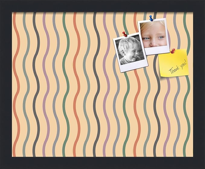 PinPix 15x12 Inch Cork Bulletin Board. This Decorative Framed Pin Board Comes with Multi Color Waves Design and a Satin Black Frame. Ideal for Home Office Decor or Message Board (PinPix-565)