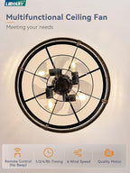 LEDIARY 20 Inch Fandelier Caged Ceiling Fan with Light, Bladeless Ceiling Fan with Remote, Small Farmhouse Fan Lights Ceiling Fixtures for Kitchen, Bedroom-Black and Gold