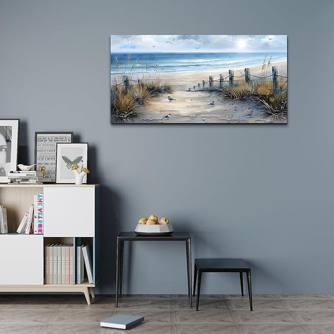 FUHAIHUA Canvas Wall Art For Living Room Wall Decorations For Bedroom Office Decor Beach Wall Paintings Blue Ocean Sea Wave Pictures Artwork For Modern Framed Posters Aesthetic Home Decor 20X40 In