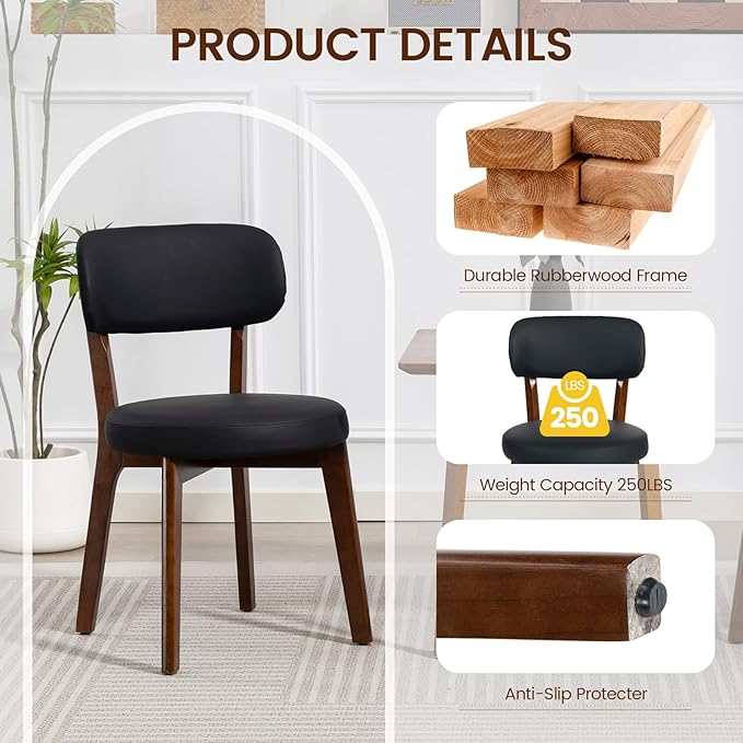 Yilaywain Mid-Century Modern Dining Chairs with Rubberwood Frame, Black Faux Leather Upholstered, 250 LBS Weight Capacity, Anti-Slip Protectors (Black)