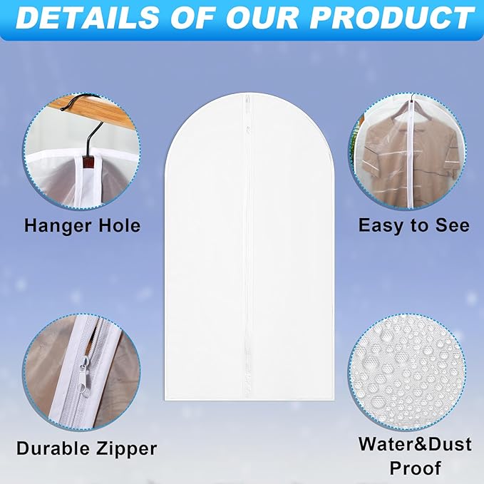 Sintuff 12 Pcs 24'' x 40'' Clear Garment Bags Bulk Clear Hanging Clothes Cover with Full Zipper Hanging Travel Garment Cover Bags for Clothes Storage