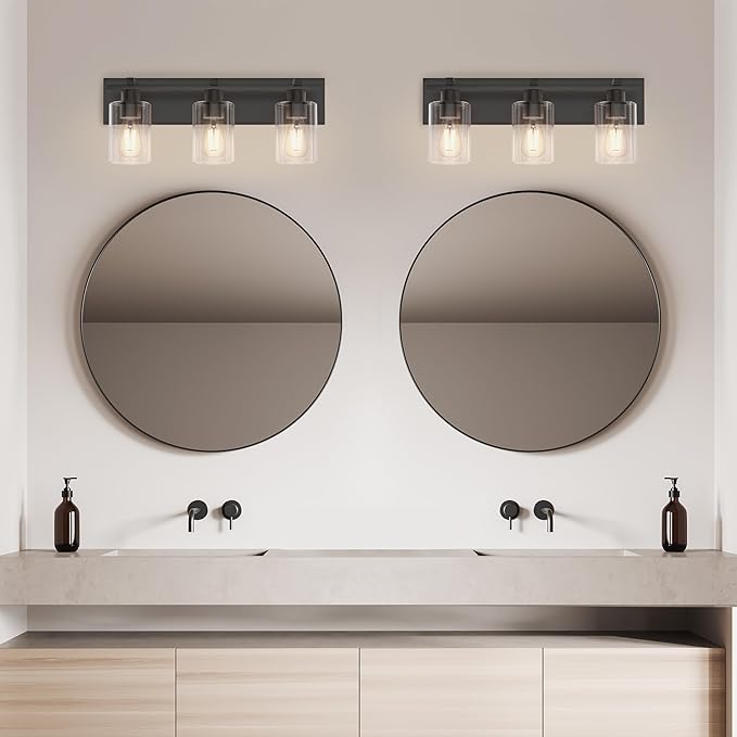 Espird Bathroom Vanity Light,3 Light Matte Black Light Fixture with Thickened Clear Glass Shade, 21 inch Modern Wall Sconce, Bathrooms Vanity Light Over Mirror for Bathroom