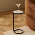 TEHOME Black Marble Drink Table Metal Martini Round Small Drink Side Table for Couch Marble C Shaped End Table for Sofa 10" diam,24.55" h