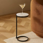 TEHOME Black Marble Drink Table Metal Martini Round Small Drink Side Table for Couch Marble C Shaped End Table for Sofa 10" diam,24.55" h