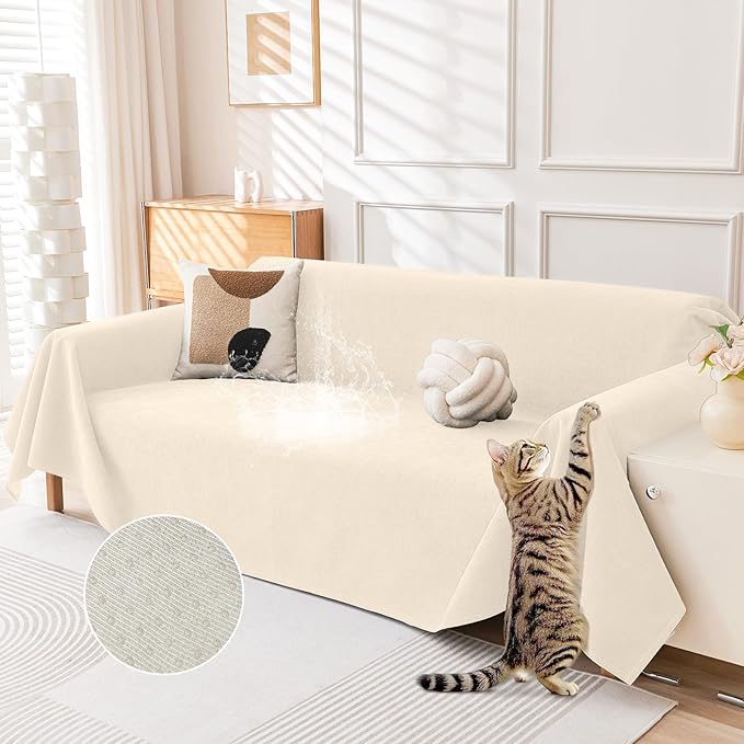 Deep Dream Cat-Scratch Resistant Couch Cover, Waterproof Sofa Cover for 3 Cushion Couch Washable, Pet Friendly Couch Protectors Anti Slip Thickened Sofa Slipcovers for Dogs Pets, 71" x 150", Beige