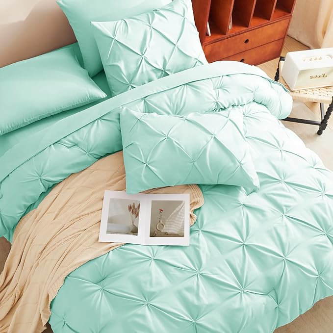 CozyLux Queen Comforter Set Mint Green, 7 Pieces Pintuck Bed in A Bag, Premium Green Comforter Queen Size, Pinch Pleat Bedding Sets with Comforter, Flat Sheet, Fitted Sheet, Pillowcases & Shams