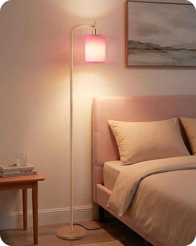 Dimmable Floor Lamp for Living Room with Remote and Foot Switch, Modern Standing, Corner Lamp,10W Bulb 3 Color Temperatures, for Bedroom, Office, Corner, ETL Listed, Gold and Pink DP19LD05