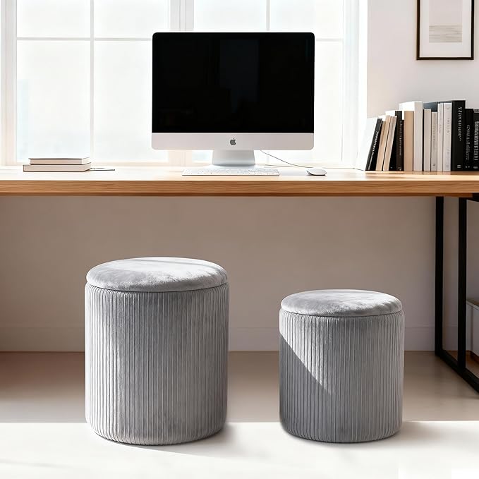 CAROLMADE Set of 2 Round Ottoman with Storage, Upholstered Vanity Stool Support 330lbs Multifunctional Coffee Table Ottoman Velvet Foot Rest Stool or Living Room Bedroom Dorm(Grey)