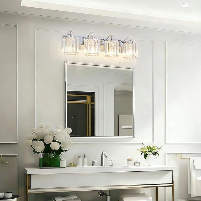 4-Light Modern Bathroom Light Fixture Chrome Vanity Lights Over Mirror Wall Sconce Lighting with K9 Crystal Shades Bathroom Wall Lamp E26 Base for Bedroom, Living Room, Hallway, Cabinet