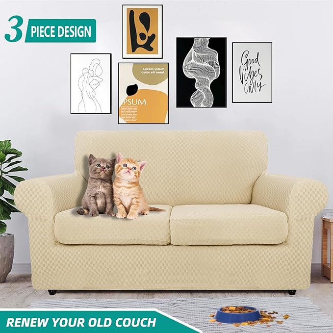 YEMYHOM Latest Checkered 3 Pieces Couch Covers for 2 Cushion Couch High Stretch Thickened Love Seat Sofa Cover for Dogs Pets Anti Slip Elastic Loveseat Slipcover Protector (Beige), 55"-69"(2 CUSHIONS)