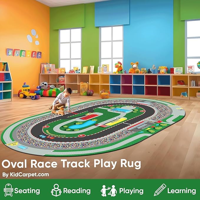 KIDCARPET.COM Race Car Play Mat Rug | Interactive Activity Carpet for Preschool Playroom Toy Car Track, 4' x 6'