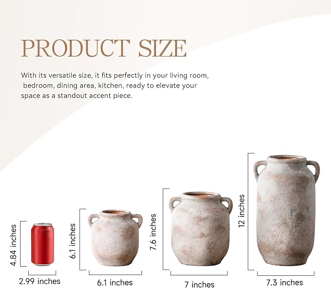 Large Flower Vase Home Decor - 12 inch Tall Ceramic Farmhouse Rustic Table Vases with Handle Living Room Decoration Decorative Modern Vintage for Floor Kitchen Shelf Coffee Dining Desk Fireplace