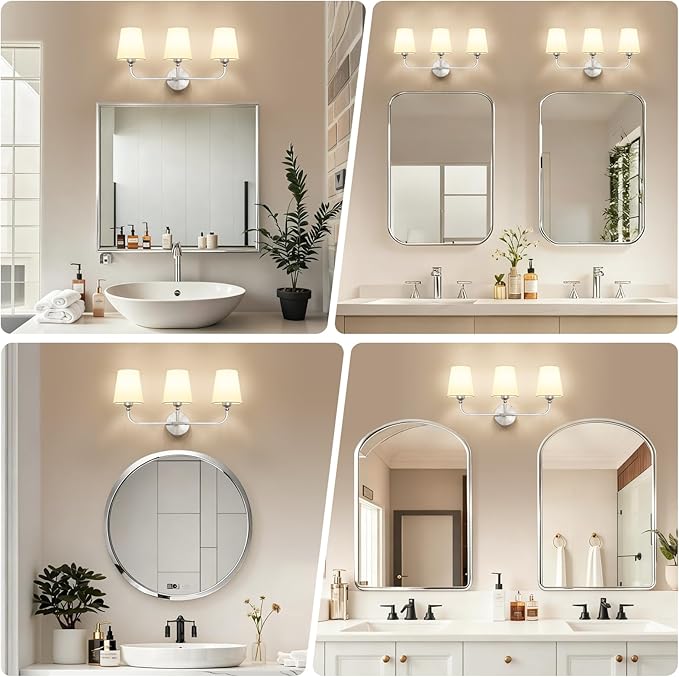 Kvhilw Bathroom Vanity Light, Brushed Nickel Bathroom Light Fixtures, 3-Light Lighting Fixtures Over Miror, Modern Wall Sconce with Flared White Fabric Shade, E26 Socket(ETL Listed)