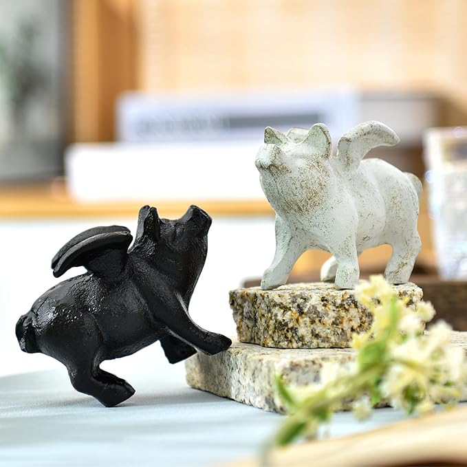 Sungmor Whimsical Cast Iron Flying Pig Statue, 2pcs Rustic Black Cute Little Piggy Paperweight, Garden Collection Figurine Home Office Desk Ornament, Indoor Outdoor Animal Statues