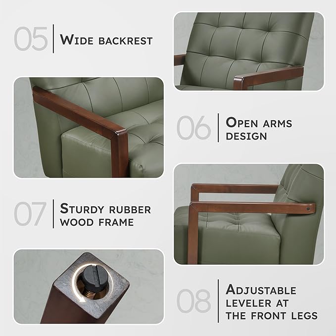 Lexicon Modern Accent Chair, Luxury Genuine Leather Match Living Room Chair with Tufted Cushions, Solid Wood Frame and Arm Rest, Comfy Upholstered Single Seat for Bedroom/Reading/Office, Green
