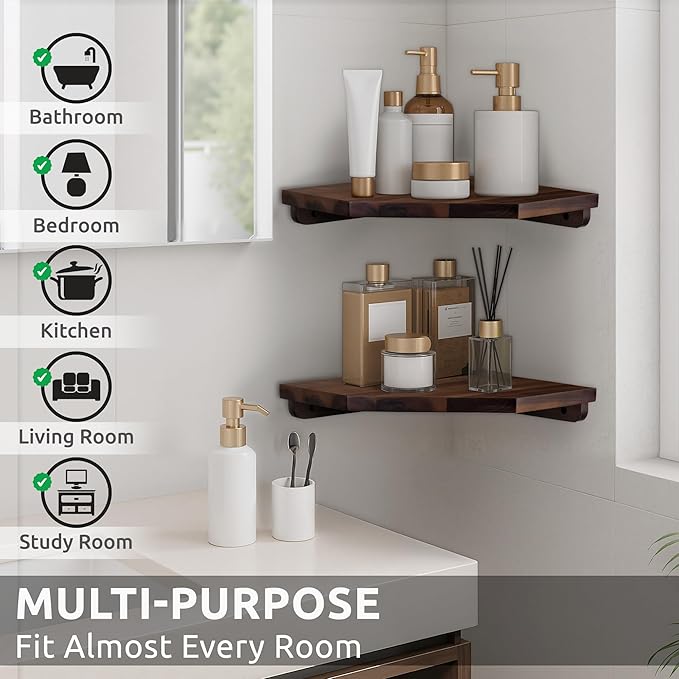 Demigo Hexagon Corner Floating Shelves Wall Mount (Set of 2) – Solid Acacia Wood with Hidden Brackets & Cable Hole – Rustic & Modern Space-Saving Shelves for Bedroom Living Room Office Kitchen