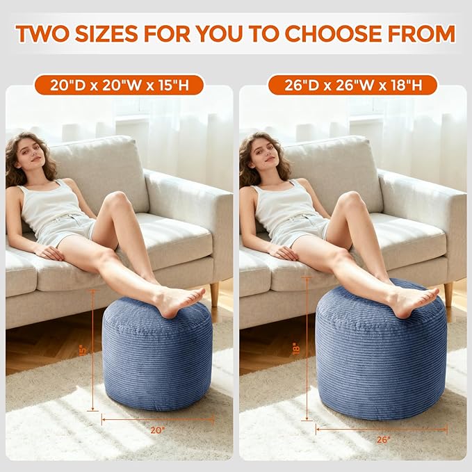 Pouf Ottoman Foot Rest, Comfortable & Soft, Round Footstool for Living Room, Bedroom, Office, Room Decoration, Corduroy Foot Stool Pouf with Odorless & Anti-Clump Filling, Large Navy