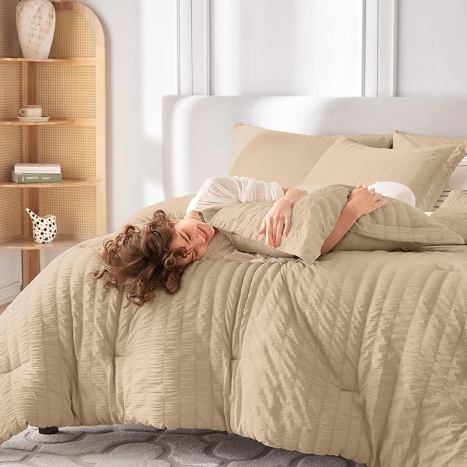 MUXHOMO 7 Pieces King Comforter Set, Seersucker Bed in a Bag King Size, All Season Luxury Bedding Set with Comforter, Flat Sheet, Fitted Sheet, Pillowcases & Shams, Khaki