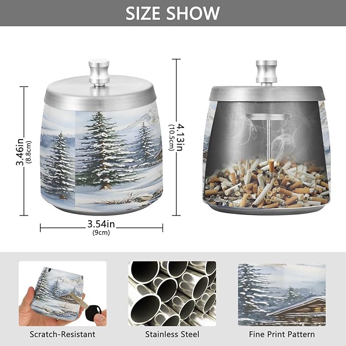 Winter Cabin Snow Scene Ashtray with Lid, Outdoor Ashtrays for Patio, Stainless Steel Ashtray Odorless Smokeless for Home Office Balcony