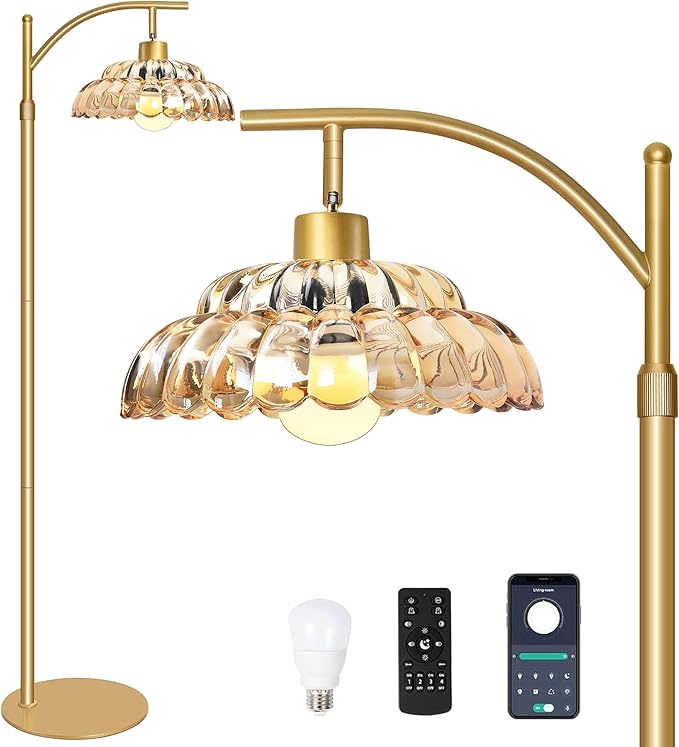 Floor Lamp with Amber Glass Shade, Dimmable Standing Lamp with Remote, Gold Floor Lamp for Living Room,Bedroom, Mid Century Tall Lamp with 12W LED Bulb