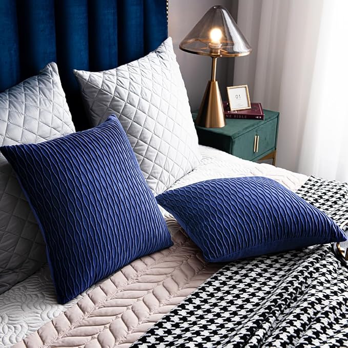 16x16 Blue Throw Pillow Covers: 2 Pack Original Striped Velvet Square Decorative Pillow Cases for Farmhouse Couch