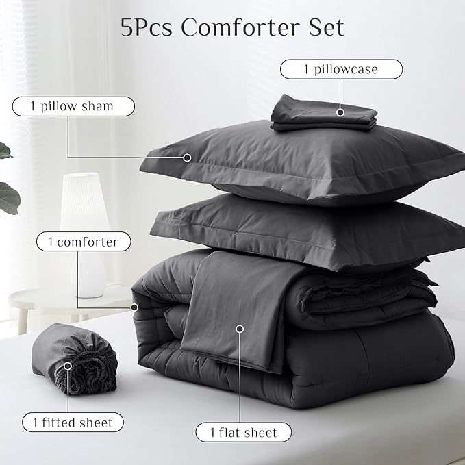 JOLLYVOGUE Twin Comforter Set, Ultra-Soft Bed in a Bag Twin Size 5 Pieces, Oeko-TEX Certified Bedding Set with Down Alternative Comforter, Sheets, Pillowcases & Shams, Dark & Light Grey