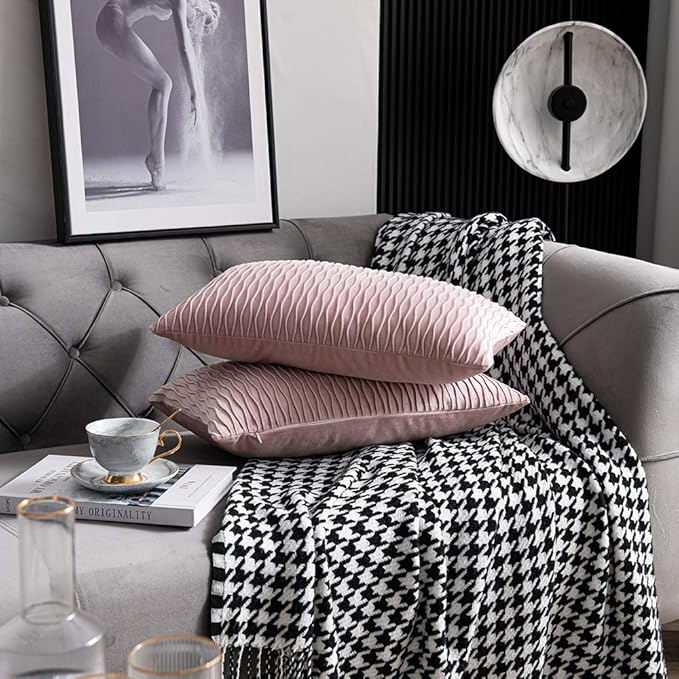 12x20 Pink Throw Pillow Covers: 2 Pack Original Striped Velvet Rectangular Decorative Pillow Cases for Farmhouse Couch