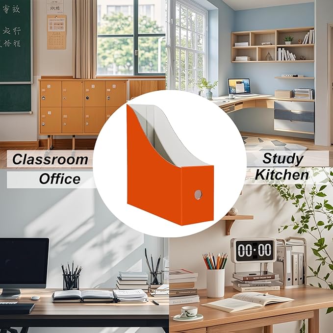 Limitliho Magazine File Folder Holder for Desk, Book Bins for Classroom Library,Office,Home, 10.6" H x 10.2" L x 3.5" W in Cardboard Paper Organizer (Orange Red, 6 Pack)