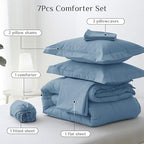 JOLLYVOGUE Queen Comforter Set, Ultra-Soft Bed in a Bag Queen Size 7 Pieces, Oeko-TEX Certified Bedding Set with Down Alternative Comforter, Sheets, Pillowcases & Shams, Dusty Blue