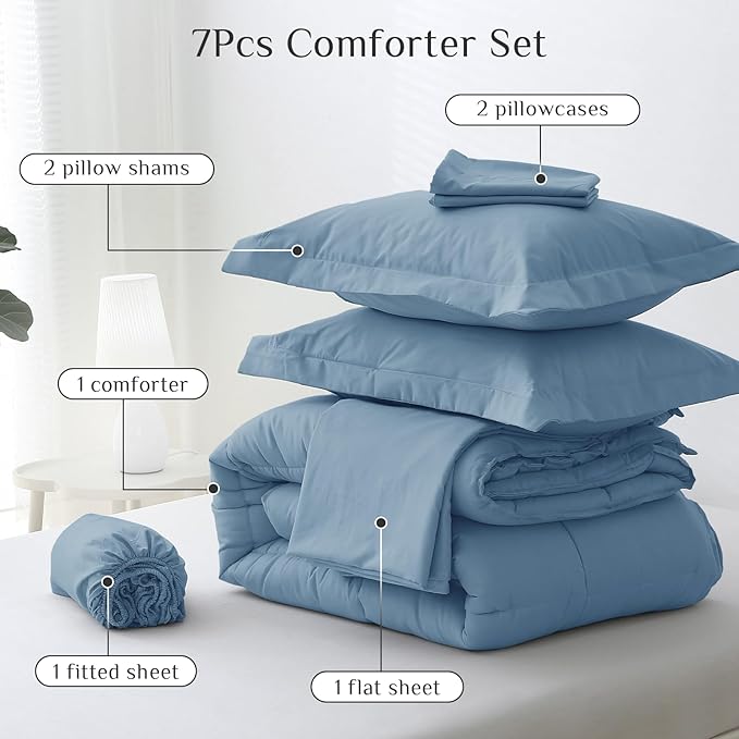 JOLLYVOGUE California King Comforter Set, Ultra-Soft Bed in a Bag Cal King Size 7 Pieces, Oeko-TEX Certified Bedding Set with Down Alternative Comforter, Sheets, Pillowcases & Shams, Dusty Blue