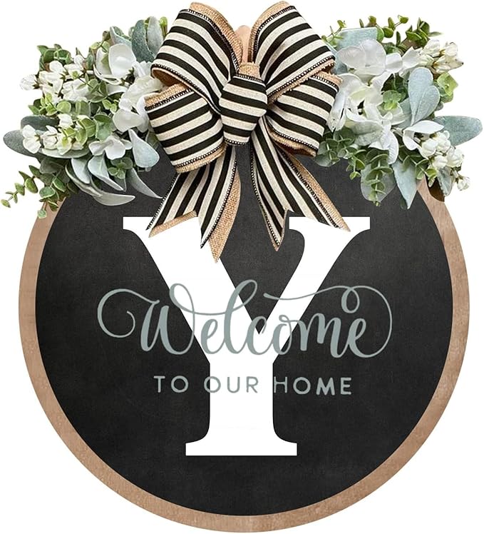 Circular Surname Front Door Welcome Sign - 26 Letter House Wreath, Front Porch Decorations, Year-Round Home Decor (Y)