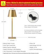 KDG 2 Pack Cordless Table Lamp, Portable LED Desk Lamps, 5000mAh Battery Operated, 3 Color Stepless Dimming Up, for Restaurant, Bedroom, Outdoor Camping, Coffee Shop, Night Light, Rechargeable (Gold)