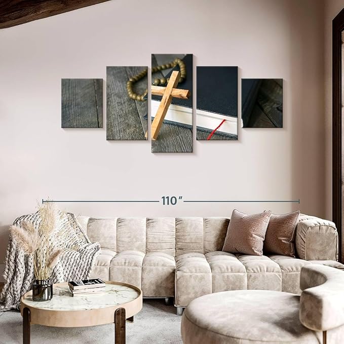 Elephant Stock Cross Canvas - 5 Panel Christian Pictures Decor - Canvas Print Wall Decor - Christian Cross Wall Art - 92" X 42"