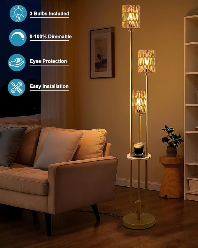 Lightdot Dimmable Boho Floor Lamps with Table, 3-Lights Rattan Floor Lamp 3000K Warmwhite Farmhouse Floor Lamp, Rustic Gold Standing Lamp for Living Room/Sofa Beside/Corner Decor(Bulbs Included