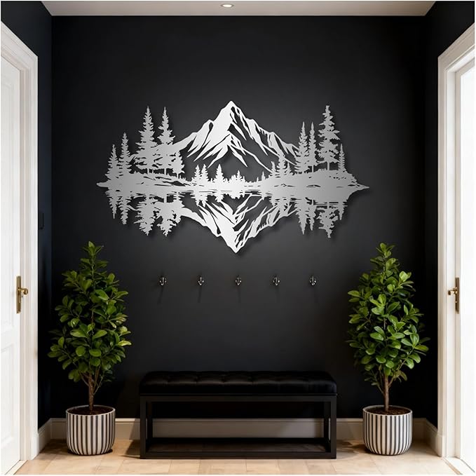 Metal Mountain Wall Art, Pine Trees And Hills Metal Decor, Mountain And Forest Metal Wall Decor, Horizontal Metal Wall Sculpture, Large Nature Wall Art(Silver,19x10in/47x26cm)