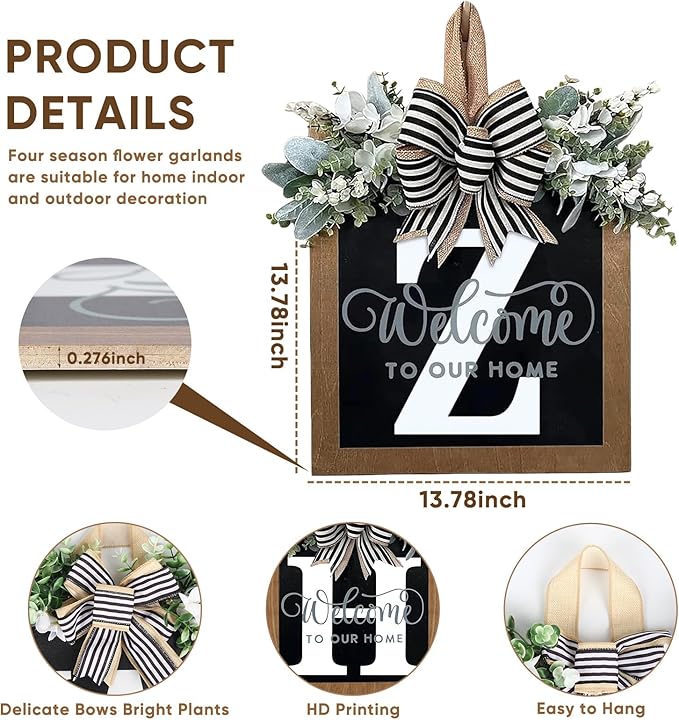 Ultra Large 14'' Last Name All Year Round Front Door Wreath with 26 Initial Letter Welcome Sign All Seasons Eucalyptus Garland and Bow Wreaths for Front Door Porch Farmhouse Decoration (Z)