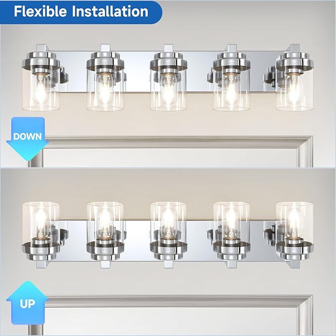 Bathroom Light Fixtures, 5-Light Bathroom Vanity Lights Over Mirror, Polished Chrome Vanity Lights with Glass Shade, 31" Modern Wall Sconce for Cabinet Porch Bedroom, Hallway E26