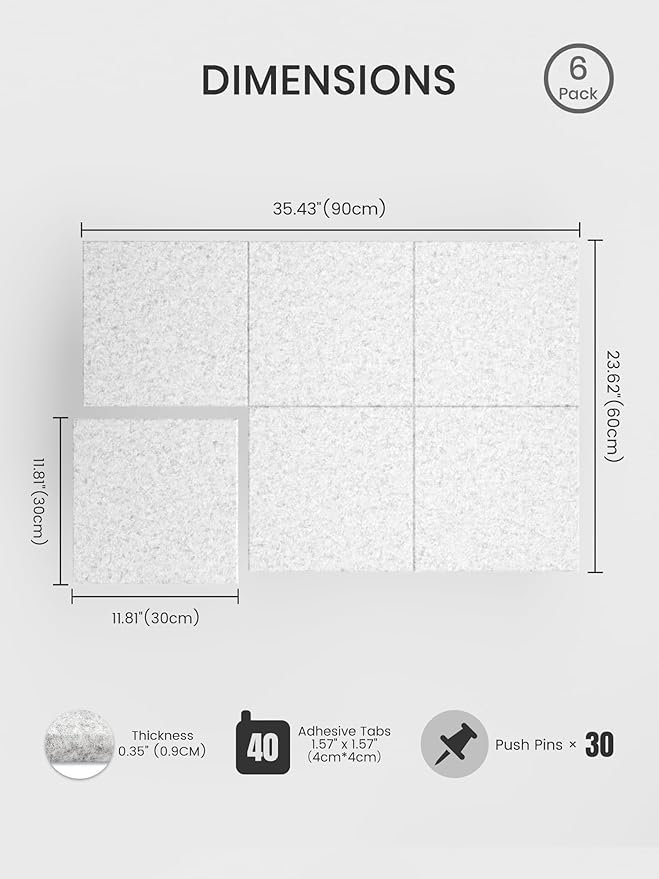 Bumusty Large Cork Board 36" x 24" Alternative - 6 Pack Felt Wall Tiles with 40 Safe Removable Adhesive Tabs, 30 Pushpins, Cork Boards for Walls Pin Board Bulletin Board Office Decor (Light Gray)