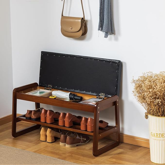 Solid Wood Shoe Bench, 2-Tier Entryway Bench with Cushion and Flip-Open Storage Box, Mid-Century Modern Shoe Bench Rack for Hallway, Mudroom(Black, 31.5'')