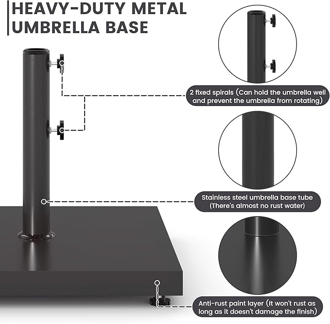 Sundale Outdoor Umbrella Base 42lbs with Stainless Steel Umbrella Tube, Heavy Duty Square Metal Built-in Cement Umbrella Stand, Black