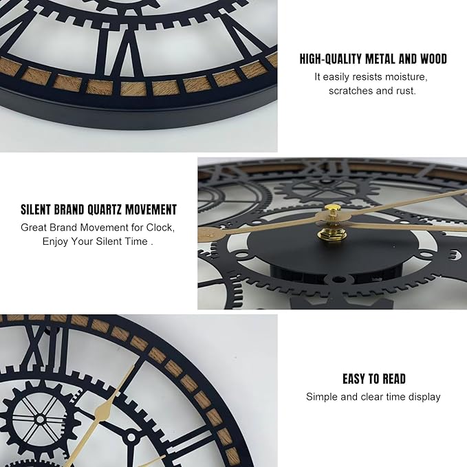 16 Inch Wall Clock, Gear Clock, Silent Non Ticking, Battery Operated Large Wall Clocks for Living Room Decor, Kitchen, Office (Vintage Industrial Steampunk)